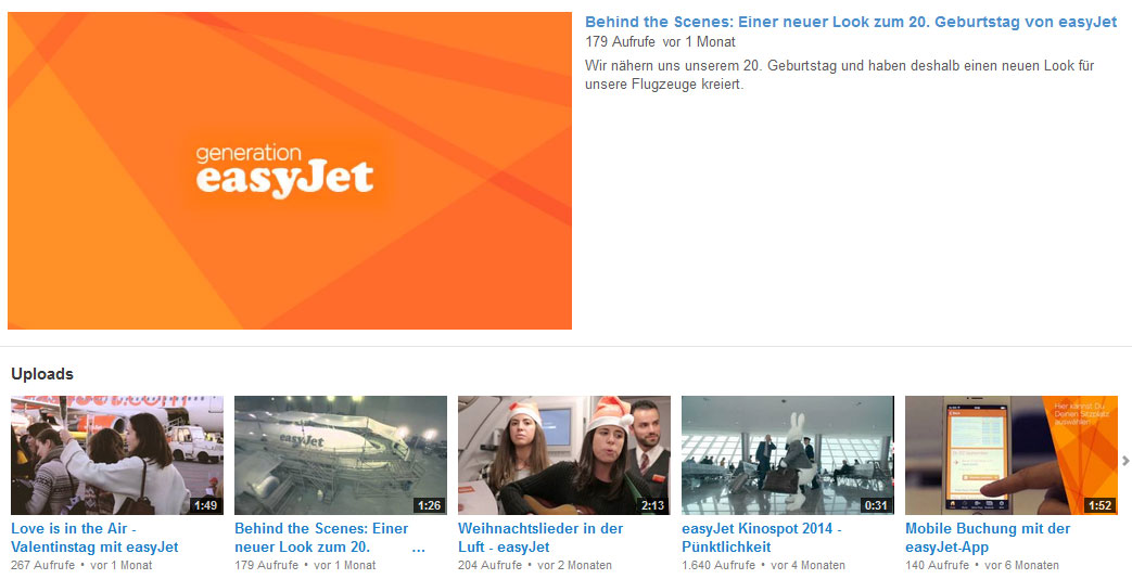 easyJet bei YouTube (Screenshot vom 18.03.2015)