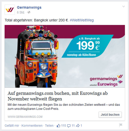 Germanwings-Post auf Facebook (Screenshot vom 18.03.2015)