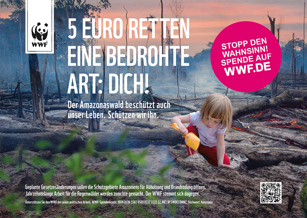 WWF Content Marketing: Emotionale Ansprache des Users mit spielendem Mädchen im abgebrannten Regenwald
