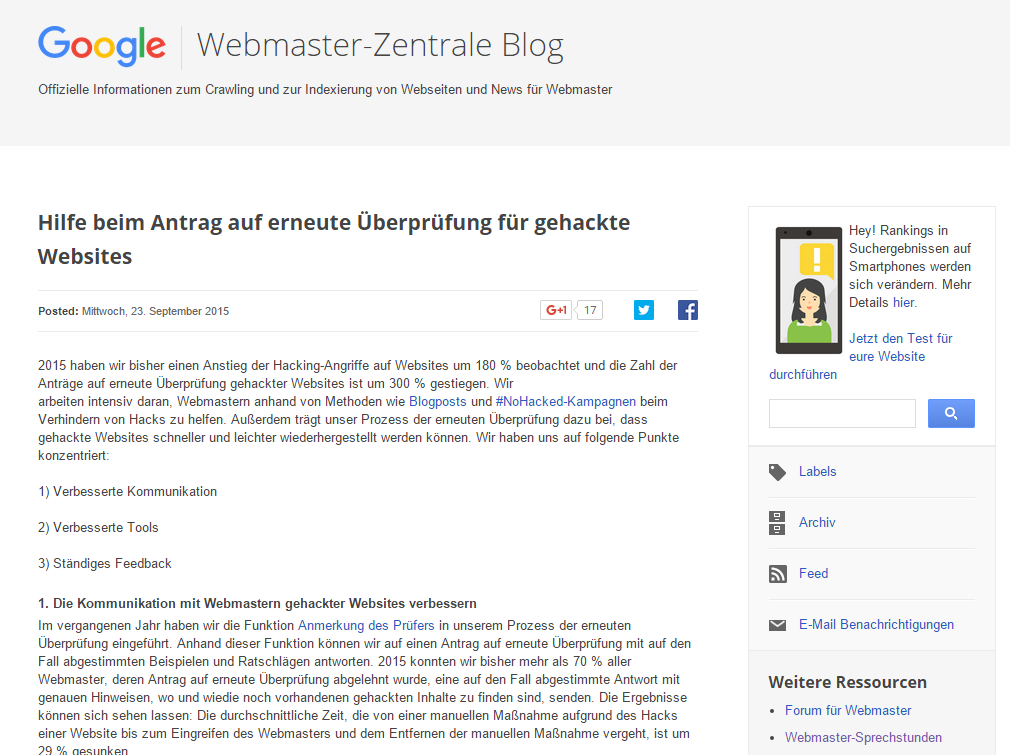 Google Webmaster Zentrale Blog