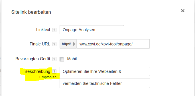 Google Ads: Sitelinks hinzufügen und Beschreibung ausfüllen