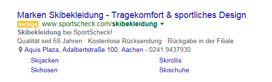 Google Ads-Anzeige mit 4 Sitelinks