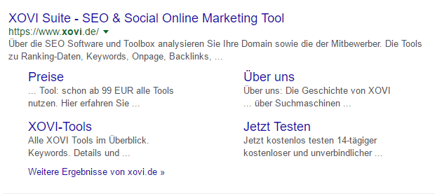 Google SERP XOVI Sitelinks