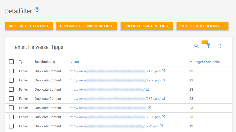 XOVI Onpage Tool: Detailfilter Duplicate Content