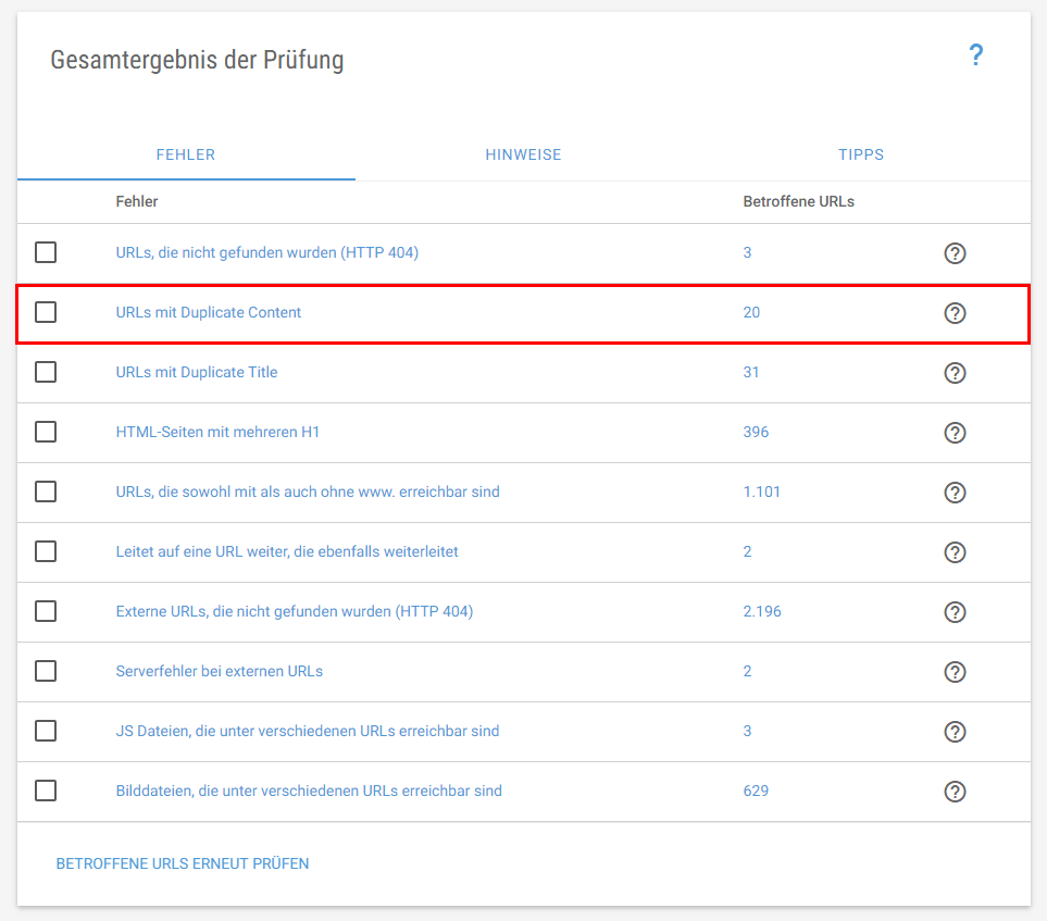 XOVI Suite Onpage Tool: Fehler Duplicate Content