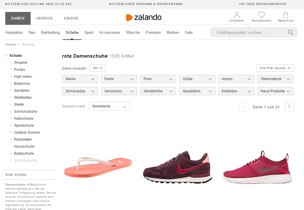 Zalando Kategorieseite mit Filter rot