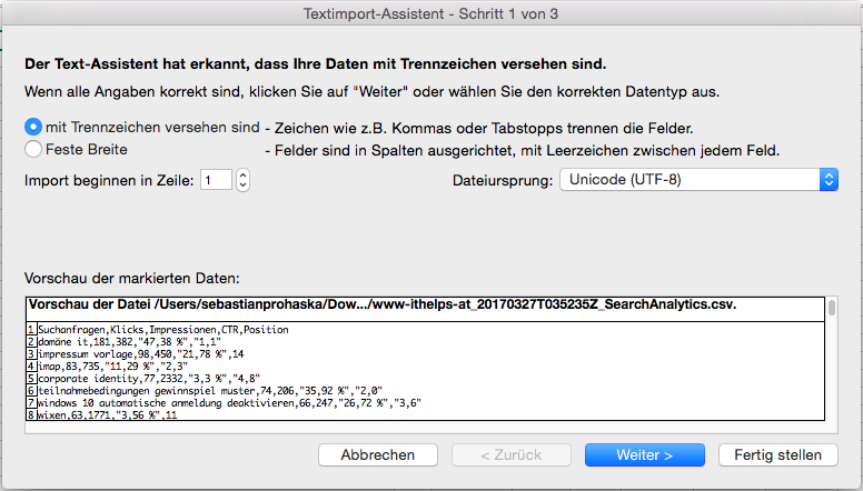 Excel CSV Datei importieren