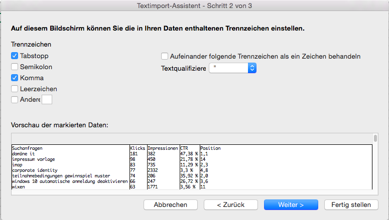 Excel CSV Datei importieren Trennzeichen