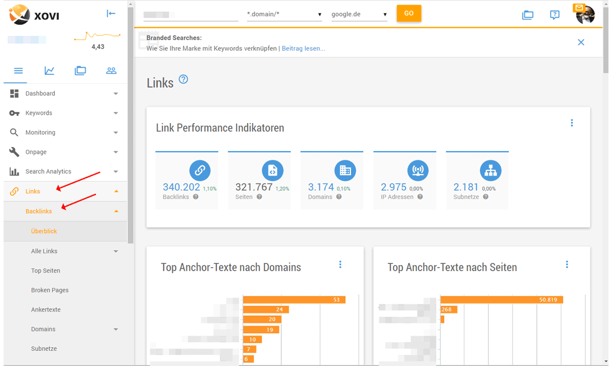 XOVI Suite Links, Backlinks Tool