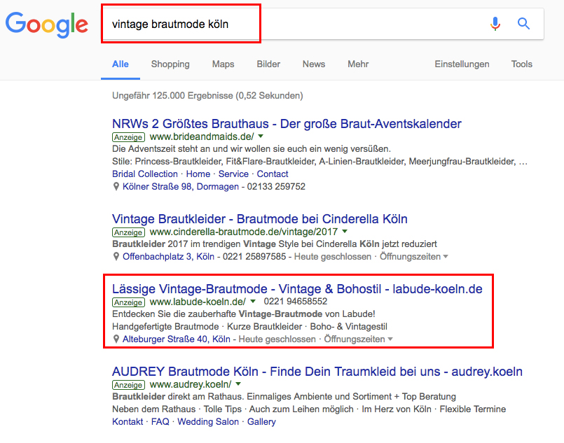 AdWords Anzeige Brautmode