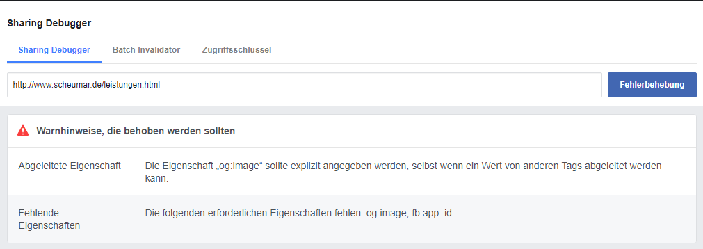 Fehler Anzeige des Facebook Debugger