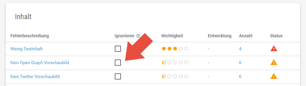 Onpage Tool: Fehler ignorieren