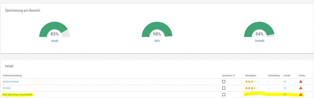 Fehlermeldung Onpage Analyse