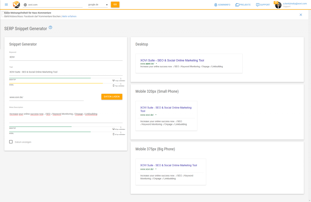 Die XOVI Suite bietet einen SERP Snippet Generator