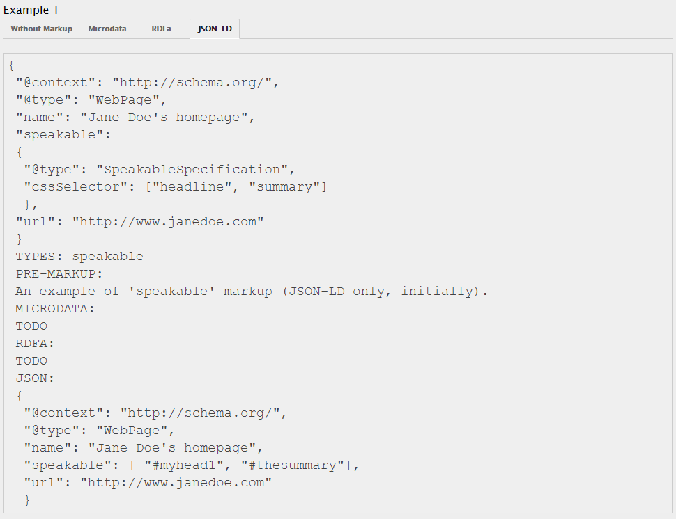 Screenshot JSON-LD für Speakable Markup Schema.org