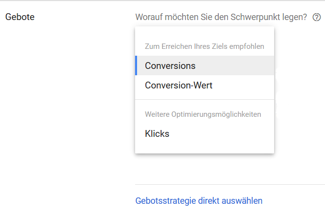 Auswahlfenster der Google Ads gebotsstrategien