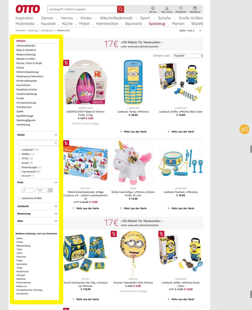 Sie linke Sidebar im Otto Shop