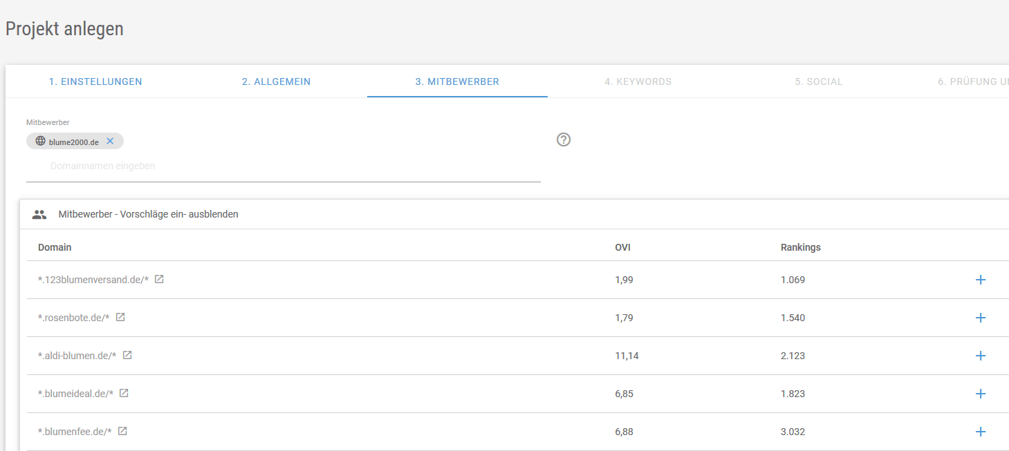 Mitbewerberrecherche: Vorschläge der Suite übernehmen oder eigene Mitbewerber hinzufügen