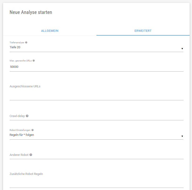Onpage Wizard: Erweiterte Einstellungen