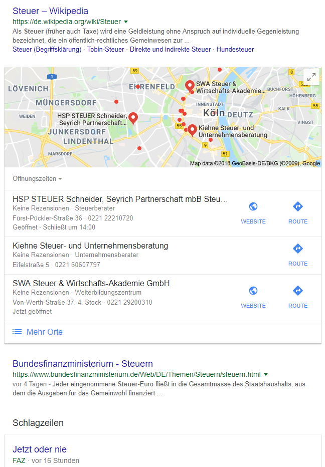 Screenshot Google SERPs zum Keyword Steuer