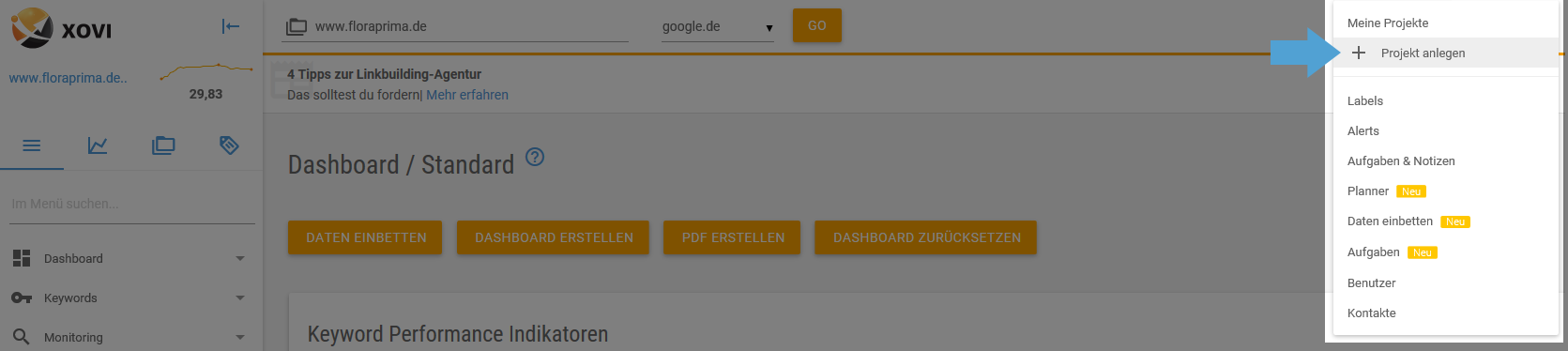 XOVI Sute: Projektwizard starten