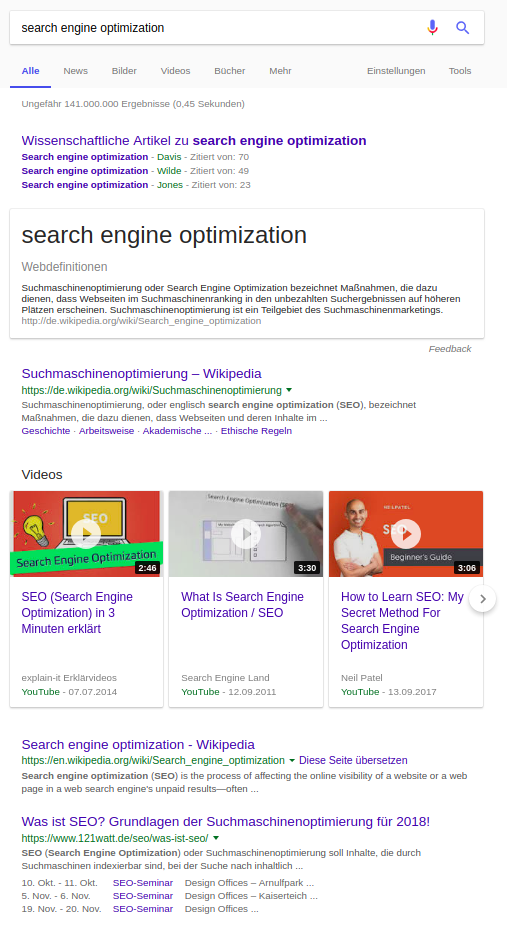 Screenshot SERP "searchengine optimisation"