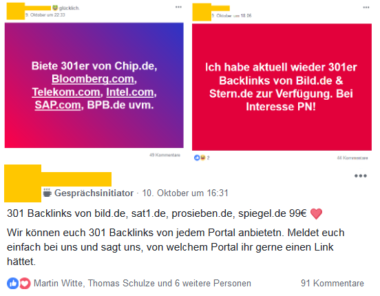 Verkauf von 301 Backlinks über Facebook Gruppen