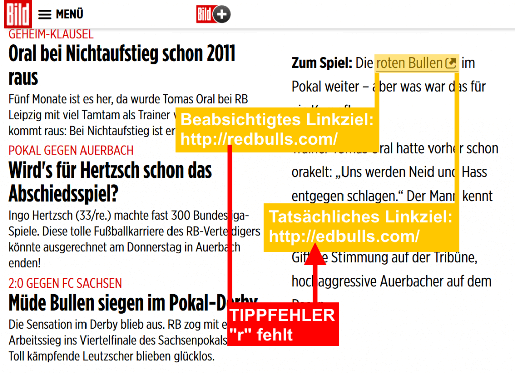 301 Linkbuilding: Neue Linkziele durch Tippfehler, Beispiel BILD