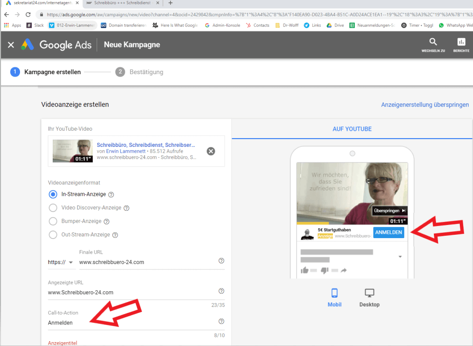 Screenshot Google Ads Videoanzeige erstellen CTA Button erstellen