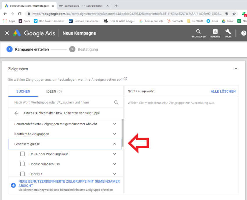 Screenshot Google Ads Kampagne erstellen Videoanzeigen Zielgruppen Lebensereignisse