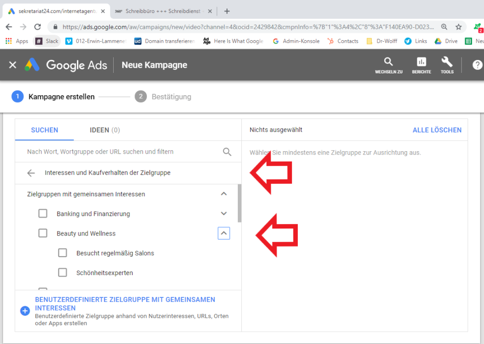 Screenshot Google Ads Kampagne für Videoanzeigen erstellen Aussteuerung an Verbraucherverhalten