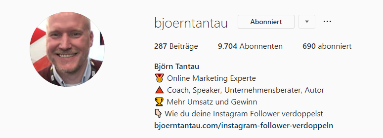 Screenshot der Instagram Bio von Björn Tantau