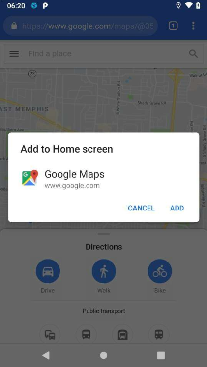 Add to Home Screen Button von Google Maps