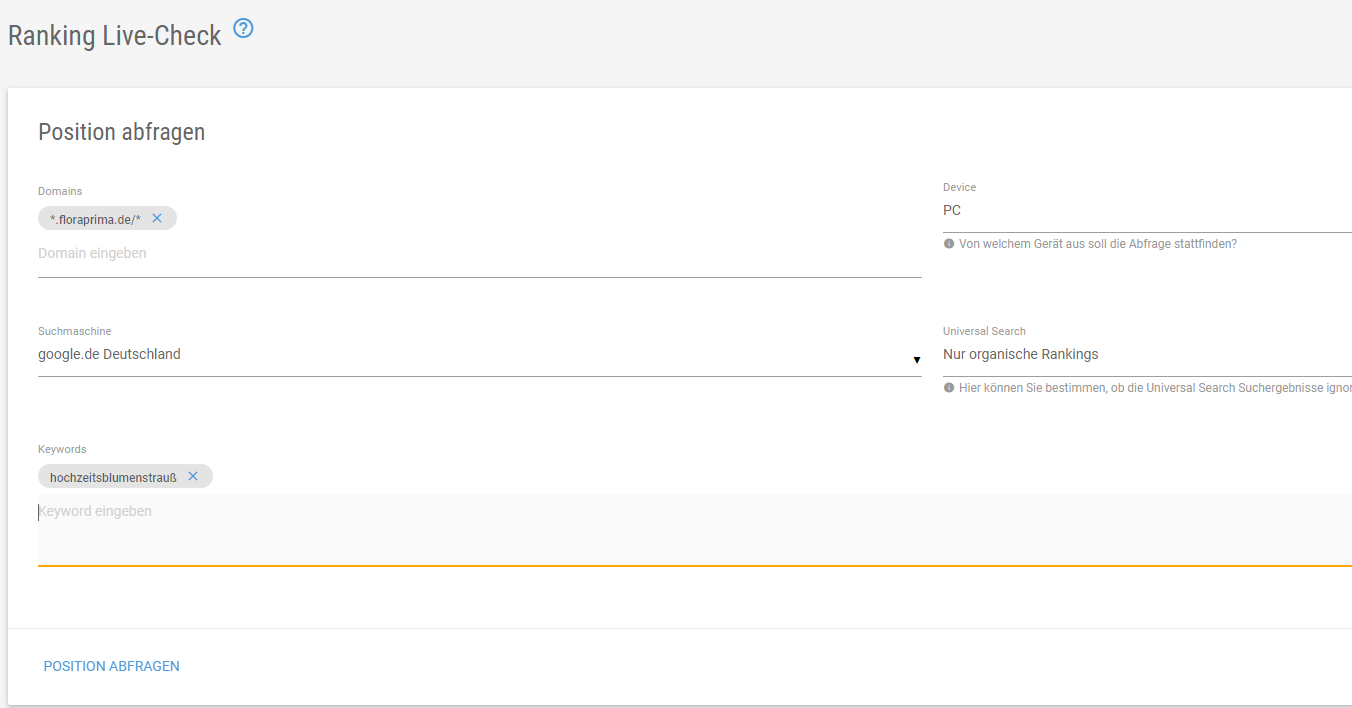 Screenshot Ranking Live Check in der XOVI Suite