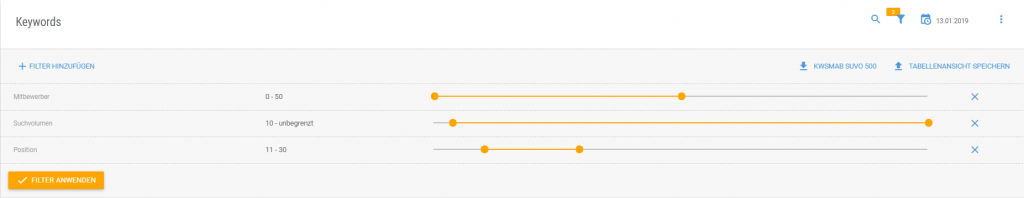 Screenshot XOVI Suite Filtereinstellungen für Schwellenkeywords