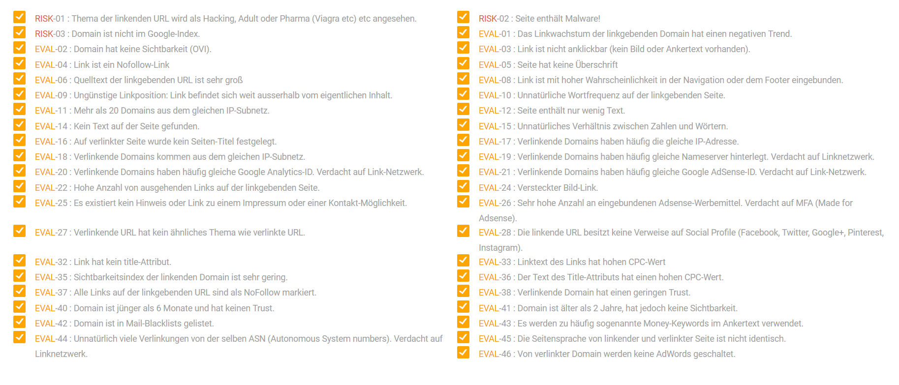 Screenshot der Analyse-Faktoren für Backlinks in der XOVI Suite