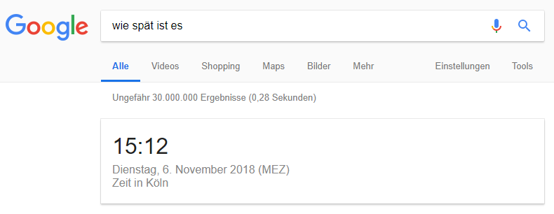 Screenshot des Know Simple Graph der Google Suchanfrage "Wie spät ist es"