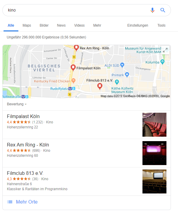 Screenshot der Map in den SERPs zum Keyword Kino