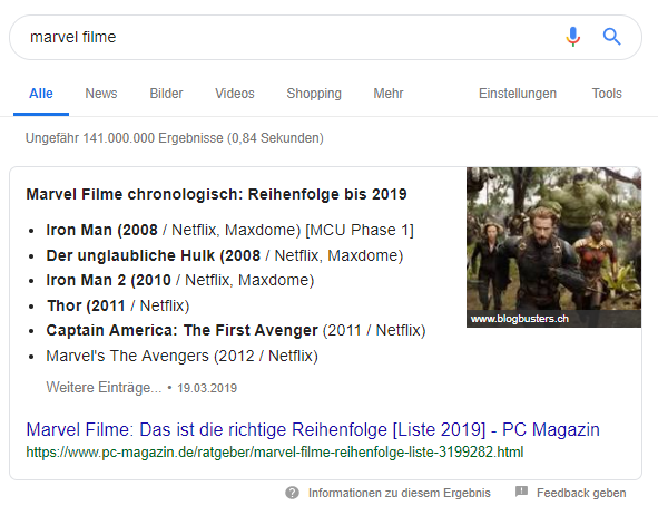 Screenshot eines Featured Snippets in den SERPs zum Keyword Marvel Filme