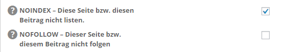 Screenshot des noindex tags in wordpress