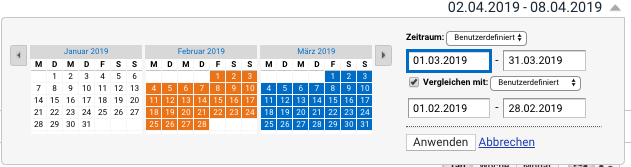 Google Analytics Eingabemaske für den Anzeige-Zeitraum der Daten