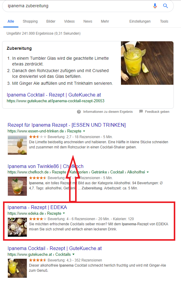 Screenshot SERP Ipanema Zubereitung Verbesserung Ranking durch Userverhalten