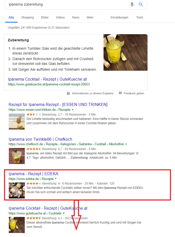 Screenshot SERP Ipanema Zubereitung Verschlechterung Ranking durch Userverhalten