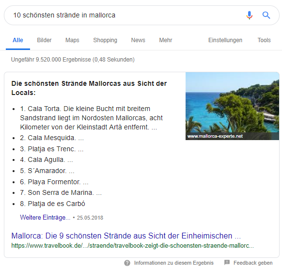 Screenshot Featured Snippet Liste