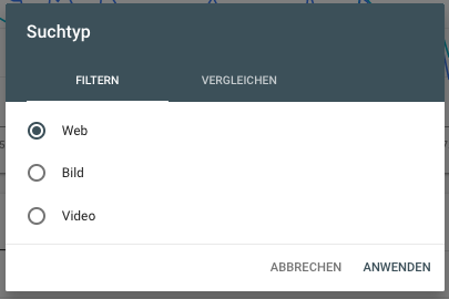 Filtere nach Suchtyp (Web, Bild, Video) für deine Ergebnisse in der Google Search Console