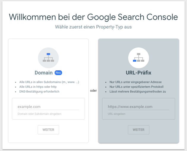 Screenshot der Property-Auswahl beim Setup der Google Search Console