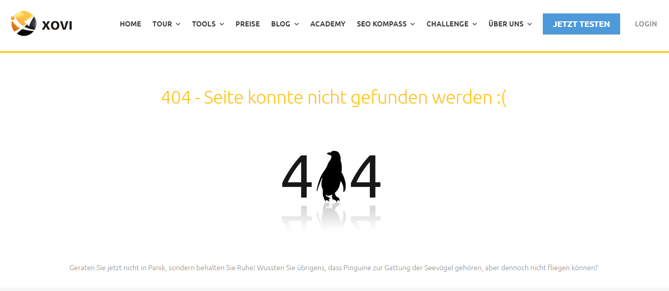 Screenshot einer 404 Seite bei xovi.de