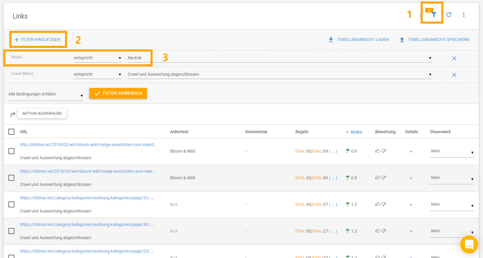 Filtern der Backlinks einer Domain nach neutralen Backlinks