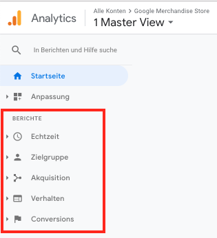 Screenshot der zur Verfügung stehenden Berichte Echtzeit, Zielgruppe, Akquisition, Verhalten und Conversions