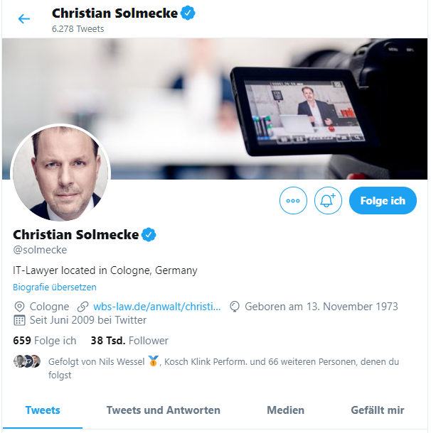 Screenshot des Twitter Kanals von Christian Solmecke